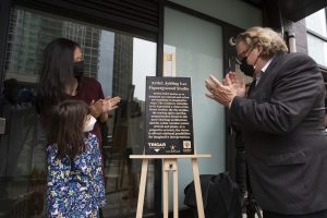 Plaque unveiling with artist, daughter and the Mayor